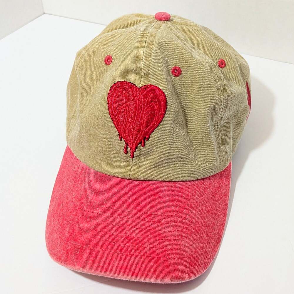 Newhattan Two-Tone Beigee and Red Cap with Embroidered Bleeding Heart Y2K